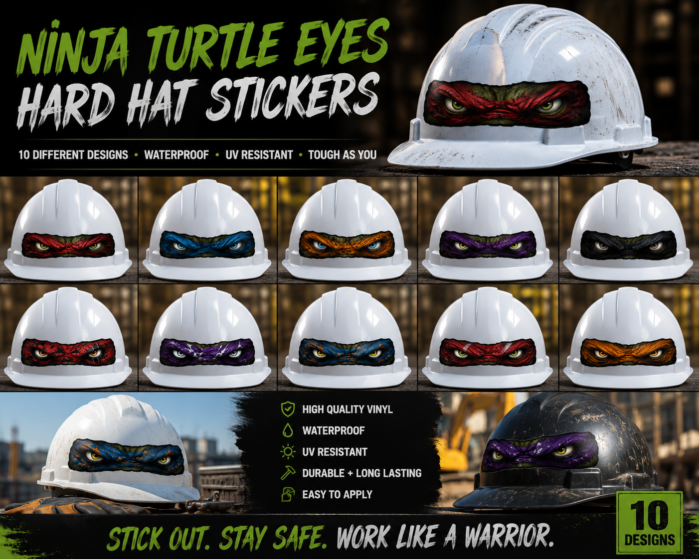 Turtle Mask Eyes Hard Hat Stickers – Waterproof Vinyl Designs for Hard Hats, Toolboxes & Helmets